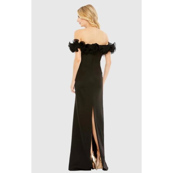 Ieena 4 Mac Duggal Off the Shoulder Ruffle Detail Column Gown Black 4 NWT 49643 - Picture 9 of 15